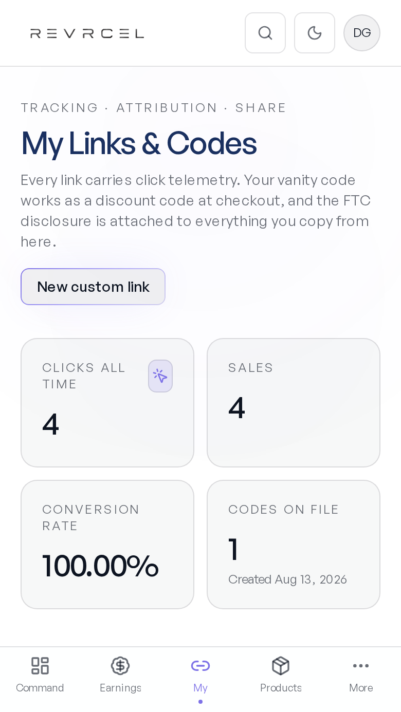 Links and codes screen in the REVRCEL Ambassador app