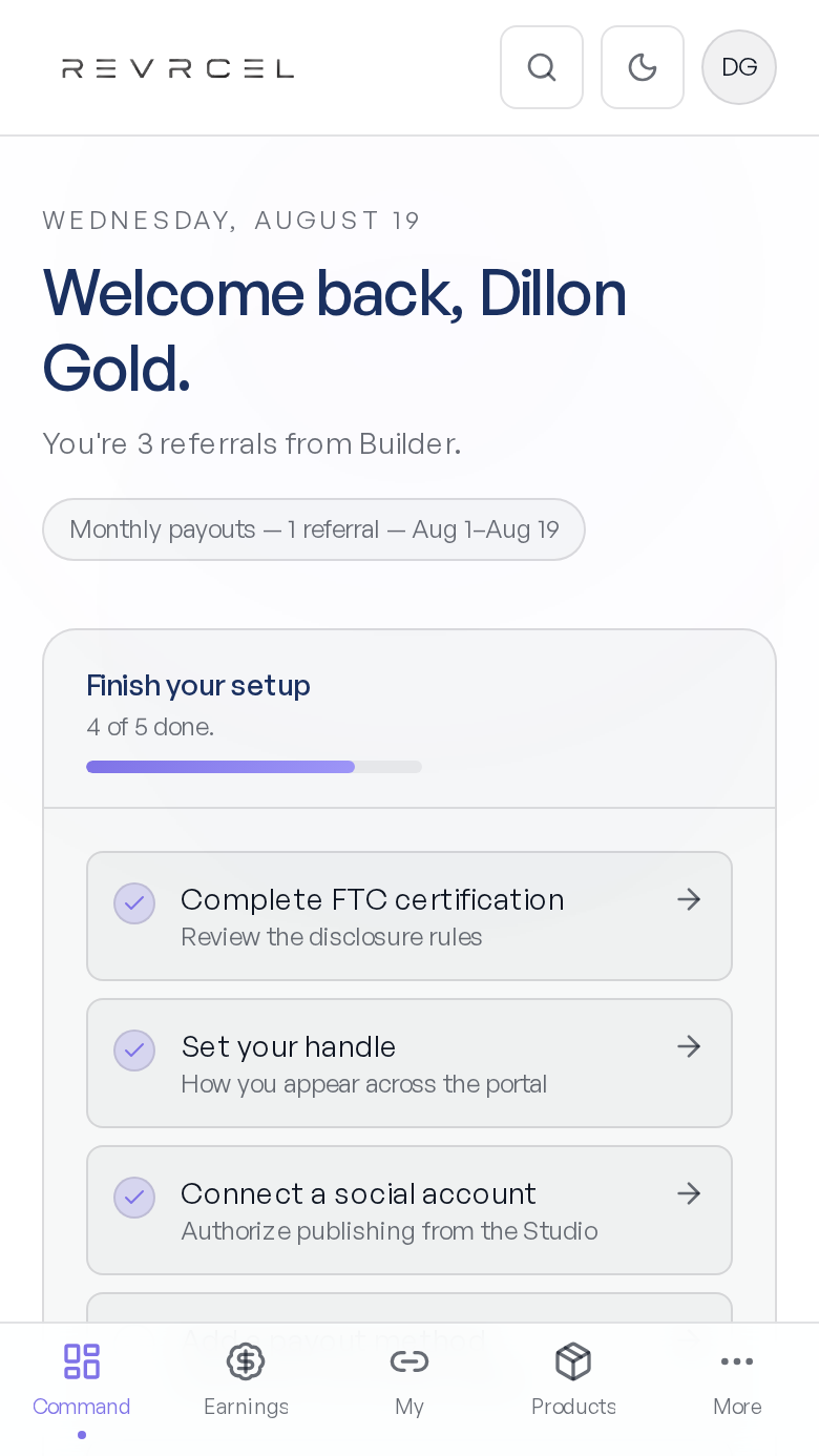 Command centre screen in the REVRCEL Ambassador app