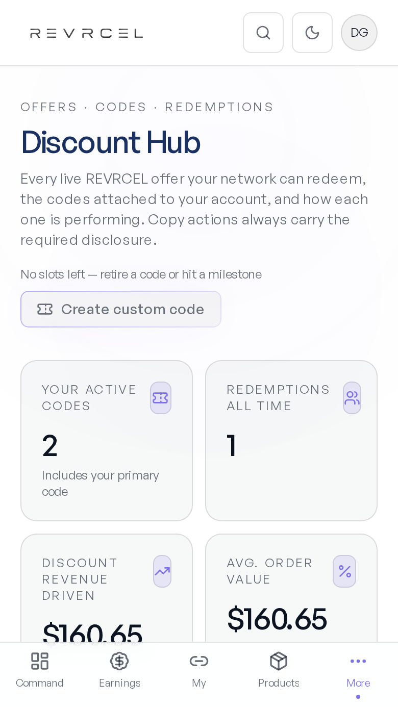 Discount hub screen in the REVRCEL Ambassador app