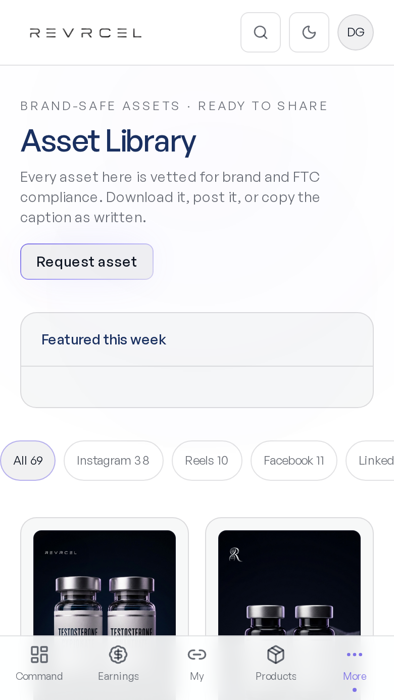 Asset library screen in the REVRCEL Ambassador app
