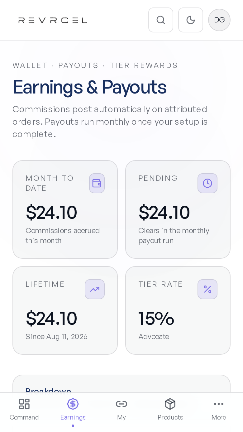 REVRCEL Ambassador app earnings and payouts screen