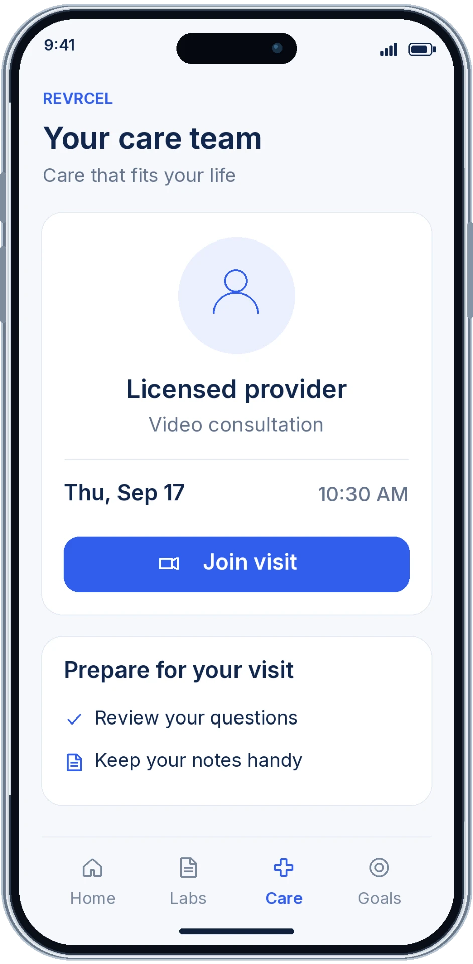 REVRCEL app care team screen