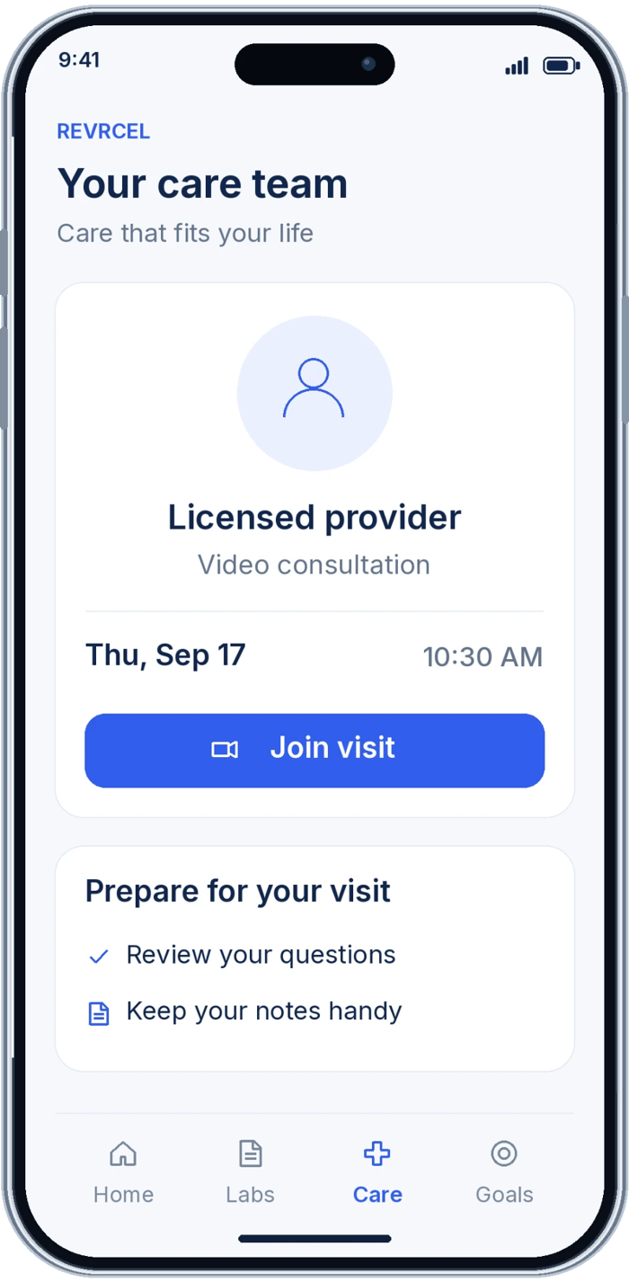 REVRCEL care team screen in the member portal