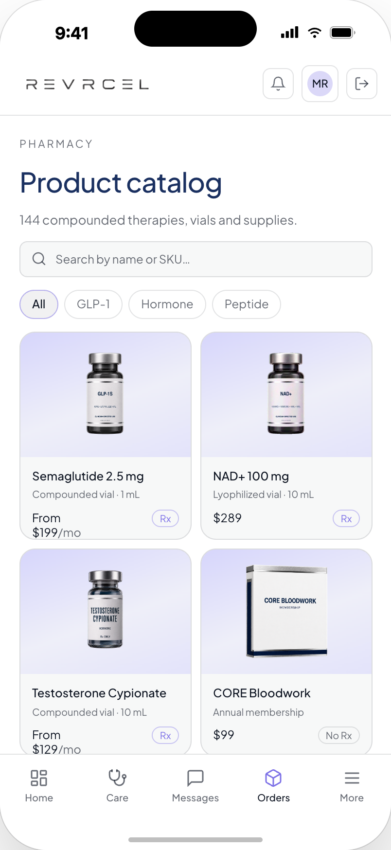 REVRCEL app product catalog screen