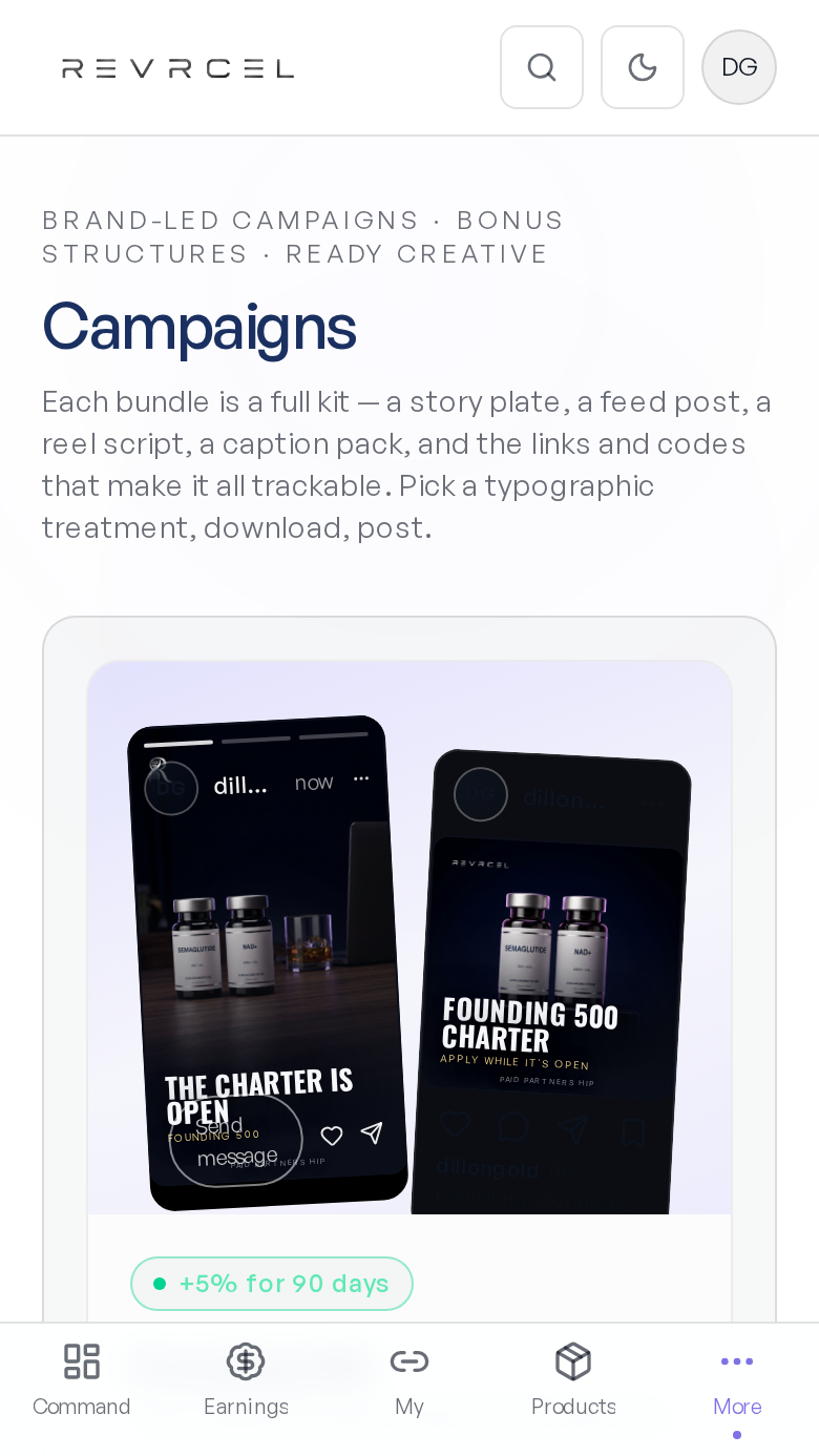 REVRCEL Ambassador app campaigns screen