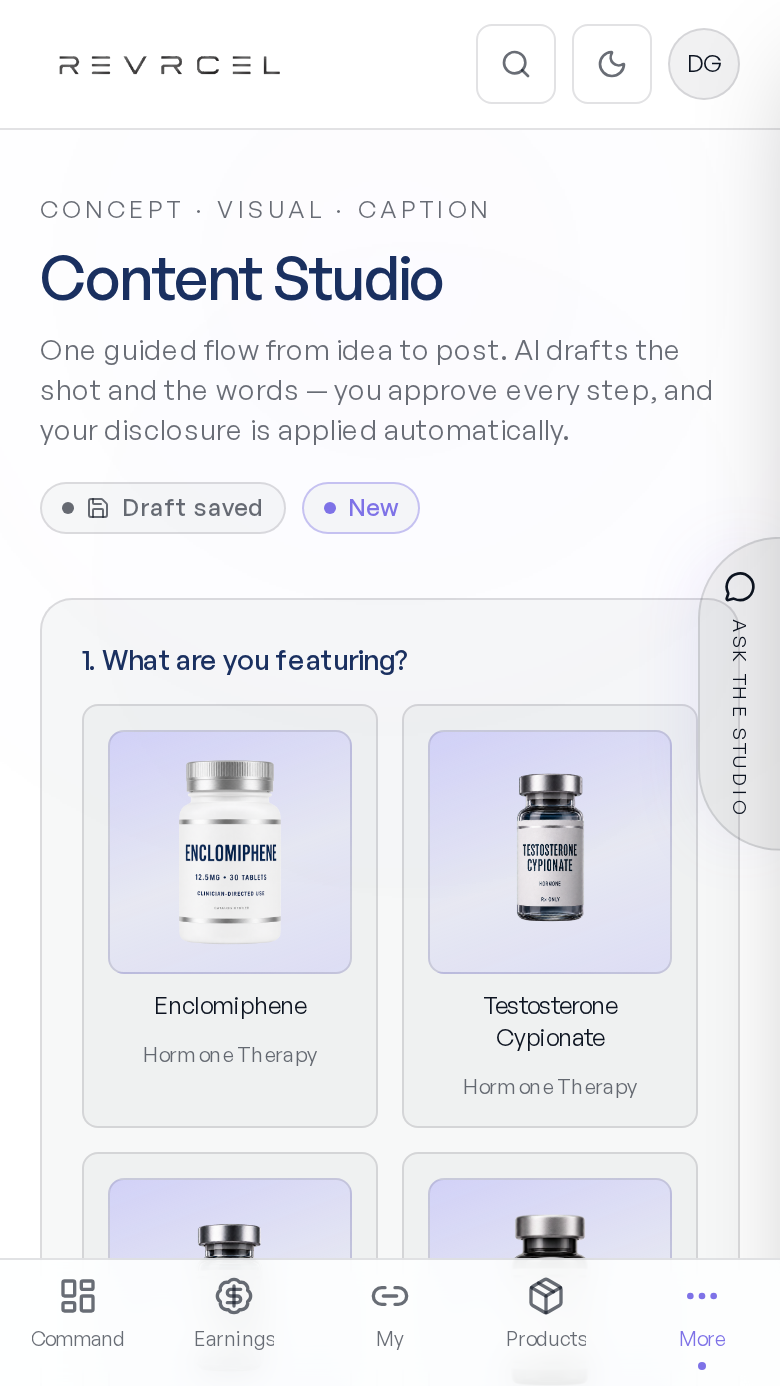 REVRCEL Ambassador app Content Studio screen
