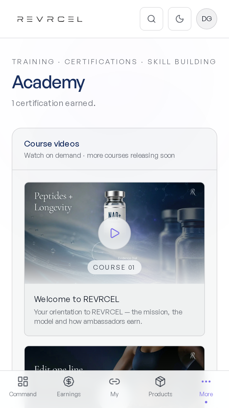 Academy training screen in the REVRCEL Ambassador app