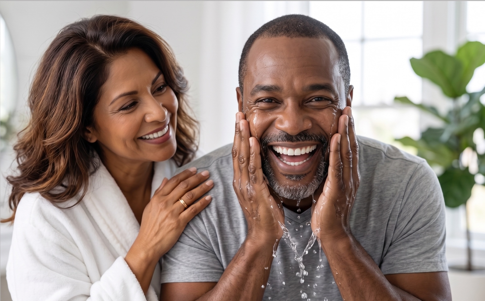 Couple in their fifties enjoying a vibrant skincare routine